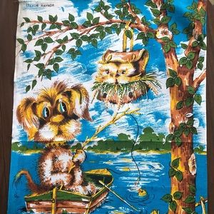 Vtg Tea Towel Cute Cartoon Dog Birds Scene